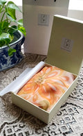 Hand Painted pure chinese crinkle chiffon folded in a box with Atelier Ambereen packaging 