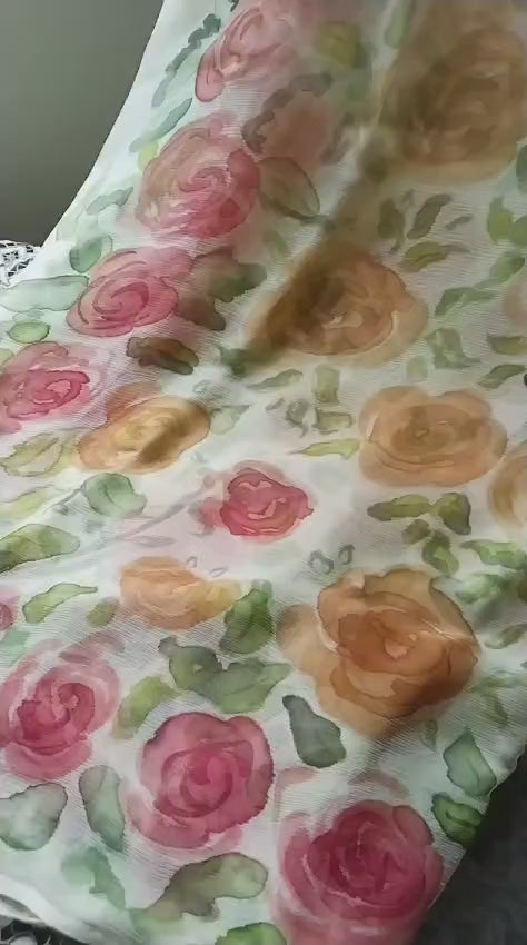 Hand painted roses on chinese crinkle chiffon in colours of orange red and various shades of green 