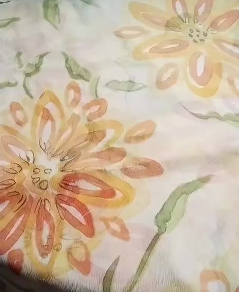 Hand Painted Duppata with yellow and orange flowers and green delicate stems 